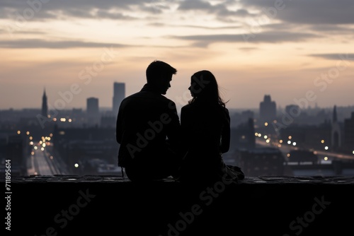 In the midst of the city's nocturnal charm, a couple's silhouette tells the story of their love, framed by the city's sparkling lights