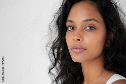 Beautiful young Indian woman takes care of her skin, posing over grey background