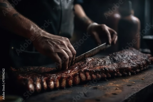 chef holding ribs, grilled meat on the grill, meat on the barbecue, meat on the grill, barbecue on the grill