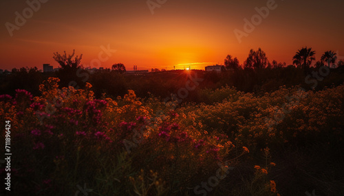 Sunset over a meadow  nature beauty in a tranquil scene generated by AI