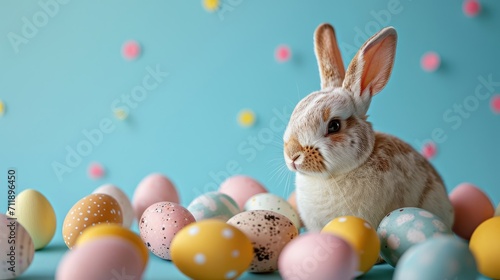 Young Brown and White Bunny Amidst Colorful Easter Eggs Against a Blue Background