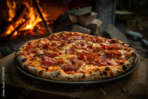 pizza in the wood oven, pizza on a wooden board