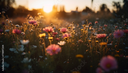 A vibrant meadow of wildflowers under the summer sunset generated by AI © Jemastock
