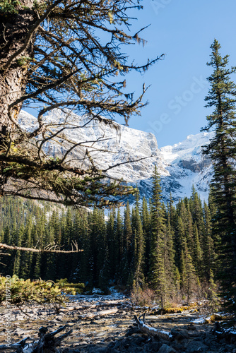 Moraine lake in autumn sunny day morning. Snow-capped Valley of the Ten Peaks. Banff National Park, Canadian Rockies. Alberta, Canada.
