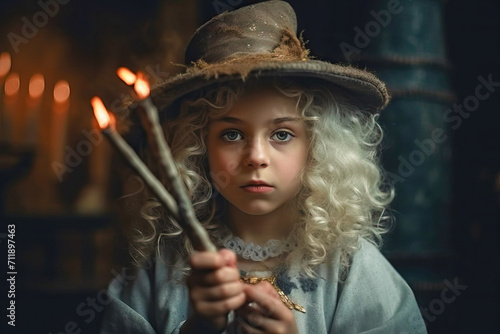 Portrait of Little girl witch in witches hat with candle makes a spell. Halloween concept © zamuruev