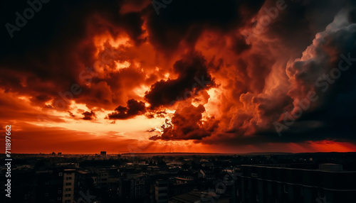 Dramatic sky, urban skyline, dark landscape, beauty in nature generated by AI