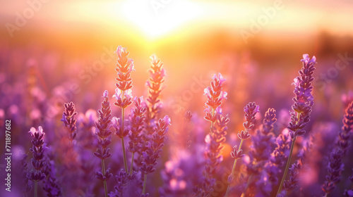 Wide field of lavender in summer sunset, panorama blur background. Autumn or summer lavender background. Shallow depth of field. © B & G Media