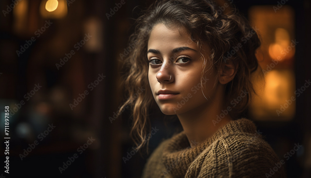 woman looking indoors, portrait of a cute young adult generated by AI