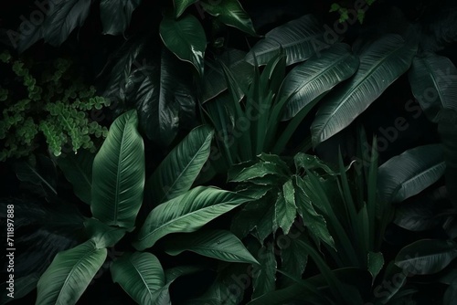 Dark green tropical leaves group panorama - concept of nature. Generative AI