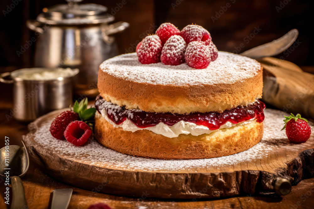 Indulge in the timeless charm of Victoria sponge cake, elegantly served on a wooden table. This classic treat captures the essence of sweet perfection. Indulge in the timeless charm of Victoria sponge cake, elegantly served on a wooden table. This classic treat captures the essence of sweet perfection.