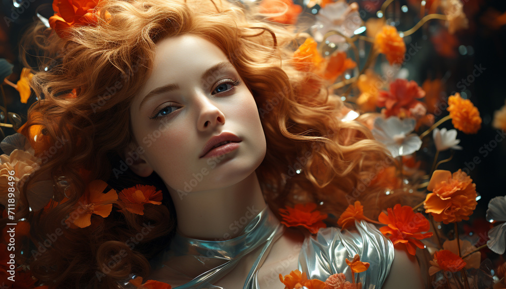 A beautiful young woman with curly hair, looking at camera generated by AI A beautiful young woman with curly hair, looking at camera generated by AI