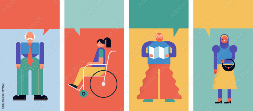 Fototapeta premium People with speech bubbles, community, family or neighborhood standing together. Characters in geometric fun modern style. Colorful concept design.