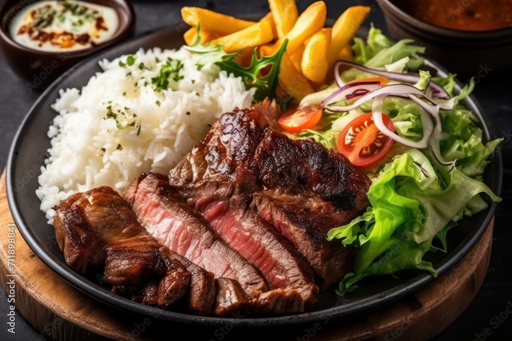 grilled steak, beef, meat, ribs with salad on plate grilled steak, beef, meat, ribs with salad on plate