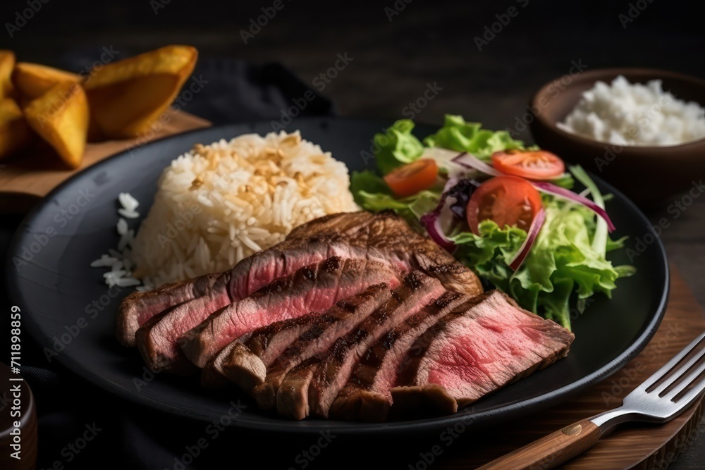 grilled steak, beef, meat, ribs with salad on plate
