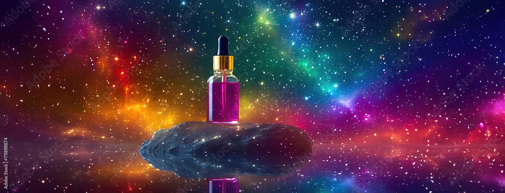 Cosmic serum bottle on an asteroid under a nebula sky. Cosmos colourful background with a spectrum of interstellar hues. Panorama with copy space. Cosmic serum bottle on an asteroid under a nebula sky. Cosmos colourful background with a spectrum of interstellar hues. Panorama with copy space.