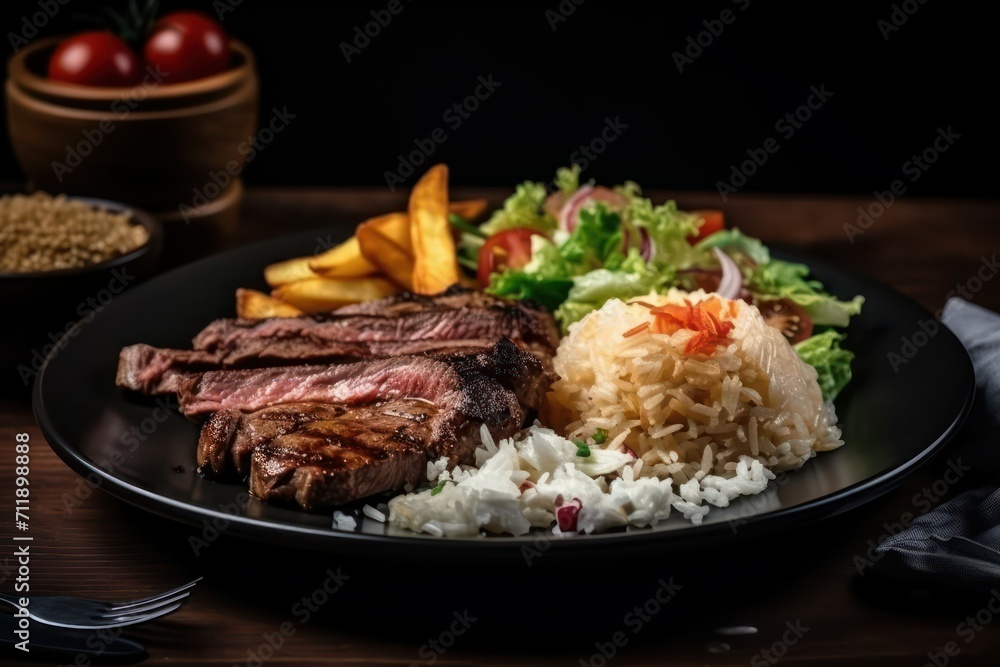 grilled steak, beef, meat, ribs with salad on plate grilled steak, beef, meat, ribs with salad on plate