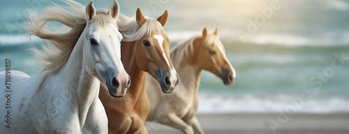 Galloping Horses by the Shore. Manes Flowing in the Wind. Three majestic mares gallop along the beach  freedom and the wild spirit of nature. Panorama with copy space.