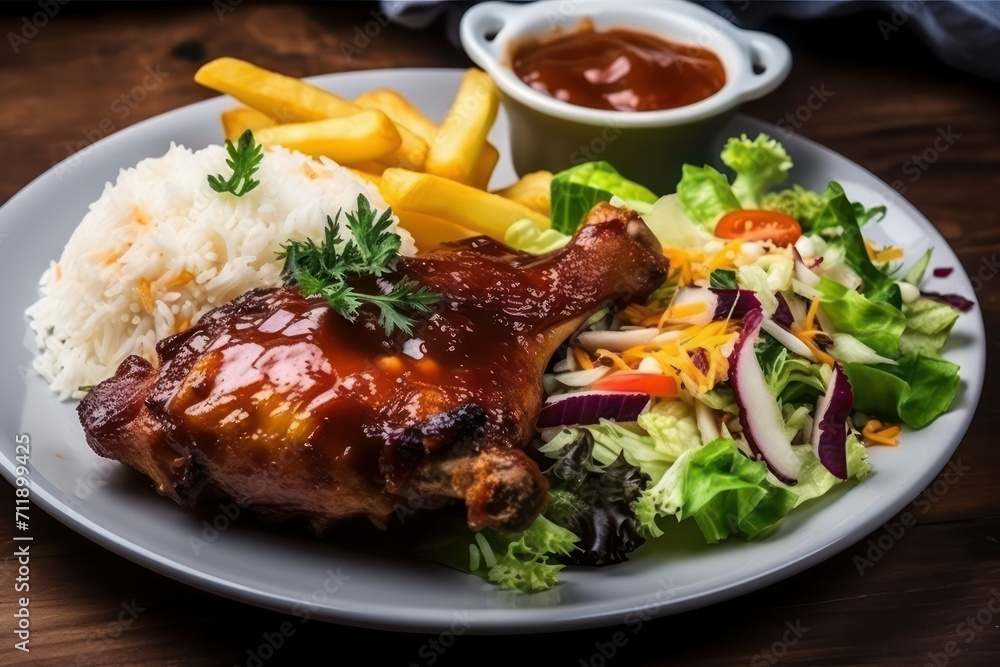 chicken with vegetables, wings, chicken with potatoes, rice, salad plate chicken with vegetables, wings, chicken with potatoes, rice, salad plate