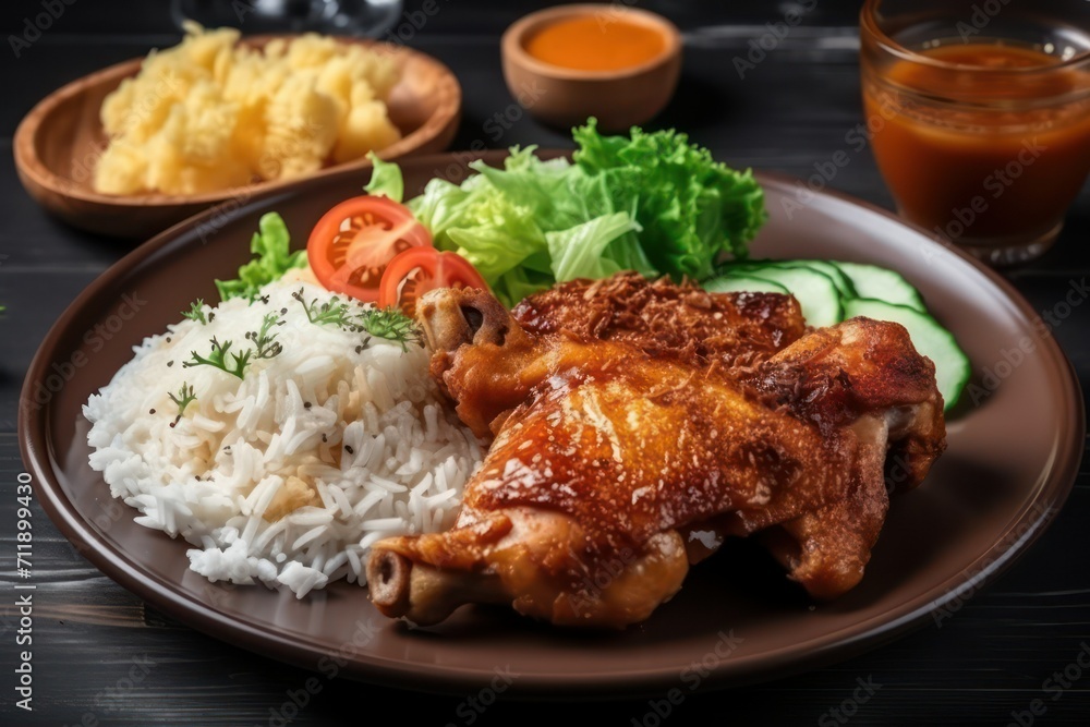 chicken with vegetables, wings, chicken with potatoes, rice, salad plate chicken with vegetables, wings, chicken with potatoes, rice, salad plate