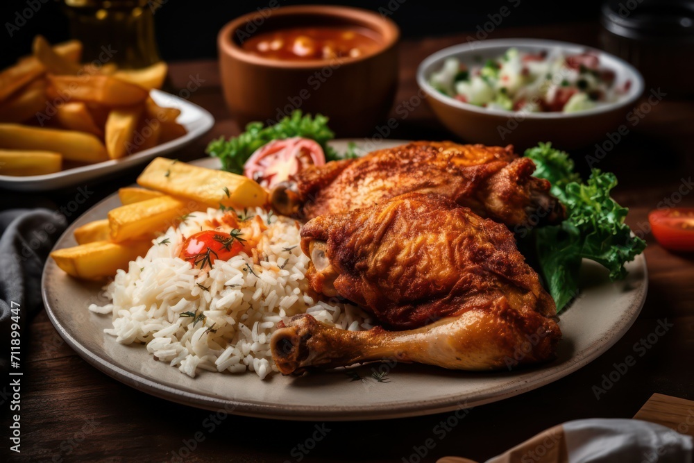 chicken with vegetables, wings, chicken with potatoes, rice, salad plate chicken with vegetables, wings, chicken with potatoes, rice, salad plate