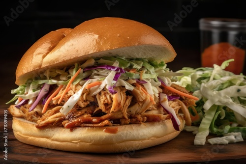 chicken sandwich on a wooden board, pork sandwich on a table, pulled sandwich