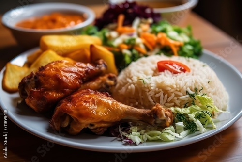 chicken with vegetables, wings, chicken with potatoes, rice, salad plate
