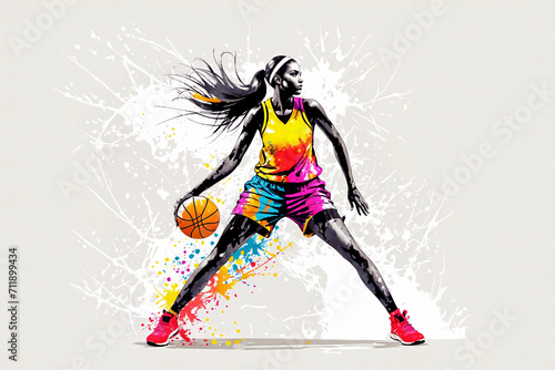 Basketball player illustration. A woman in a yellow and purple uniform is holding a basketball and has paint splatters on her. The background is a colorful spray of paint.