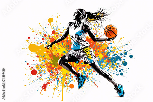 Basketball player illustration. A woman basketball player in action on a white background with colorful splashes. The background is a colorful spray of paint. © vachom