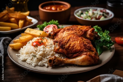 chicken with vegetables, wings, chicken with potatoes, rice, salad plate