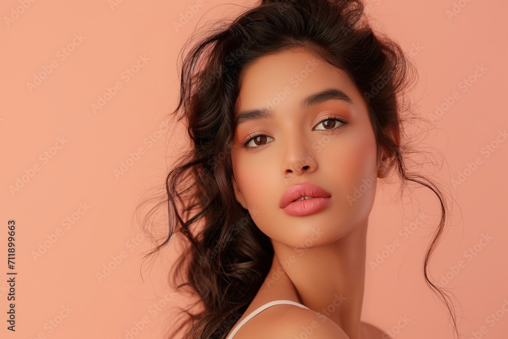 Fototapeta premium Beautiful Indian woman with peach lips and eye shadow on the peach background with copy space