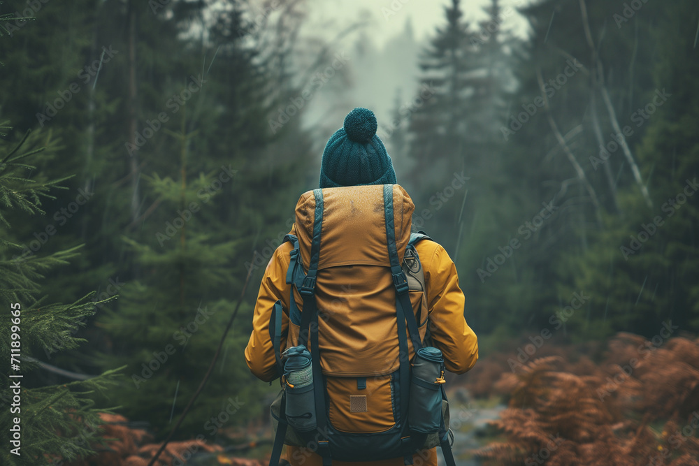 Lifestyle image, solo traveler backpacking through a forest, adventurous and free spirited. powerful woman. love of nature. free spirit - obrazy, fototapety, plakaty 