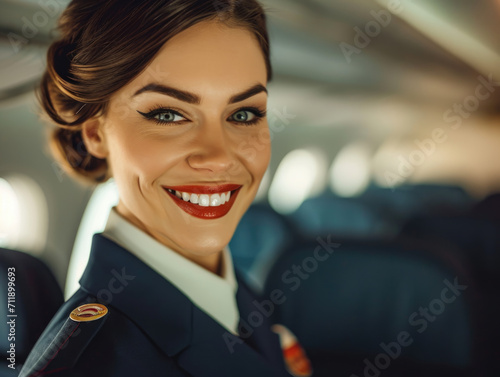 Closeup Portrait of a female flight attendant in an airplane, standing with poise and smiling at the camera, 