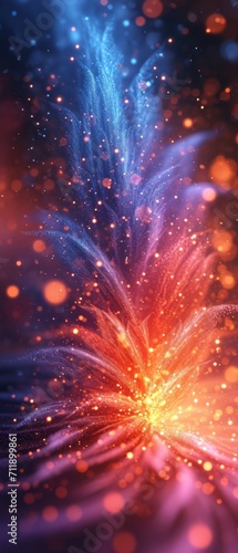 Abstract image of vibrant blue and red fireworks, resembling a cosmic event with sparkling stars, perfect for festive or celestial themes.