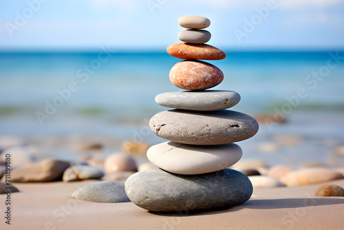 Rock balancing. Stones piled in balanced stacks in front of blurry beach background