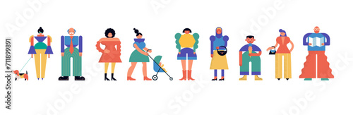 Collection of colorful people characters. Community, family or neighborhood standing together. Fun characters in geometric fun modern style. Colorful concept design.