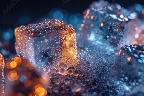 coloful frozen ice pieces melting in the light, cubes close, piece captures the flames within its icy heart, glistening with a spectrum of shimmering orange.., background, ice pieces, close up photo