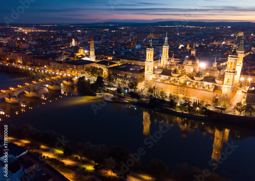 Night cityscape of Spanish city Zaragoza (Saragossa) with Cathedral Basilica