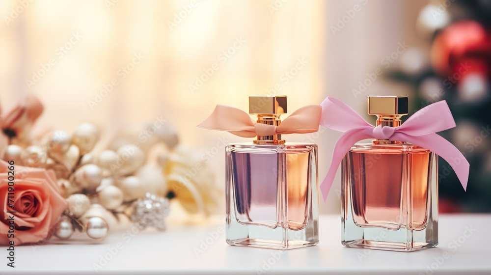 Stylish tender perfume composition with perfume bottles for Christmas, birthday celebration Stylish tender perfume composition with perfume bottles for Christmas, birthday celebration
