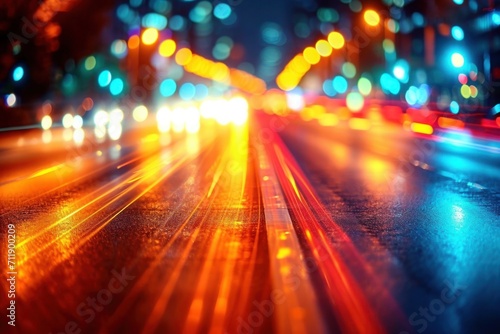 traffic in the city at night, The cityscape comes alive at night with motion blur, capturing the fast-moving traffic and lights., colorful lights from both sides meeting at the middle in dark © Anna