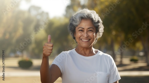 smiling silver ager caucasian latina woman in white shirt, smiling raising thumb in a park, 16:9 photo