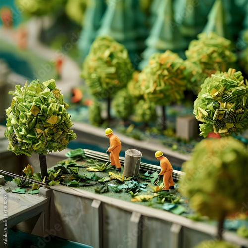 In the treatment plant, ,workers are disposing of waste with green trees，