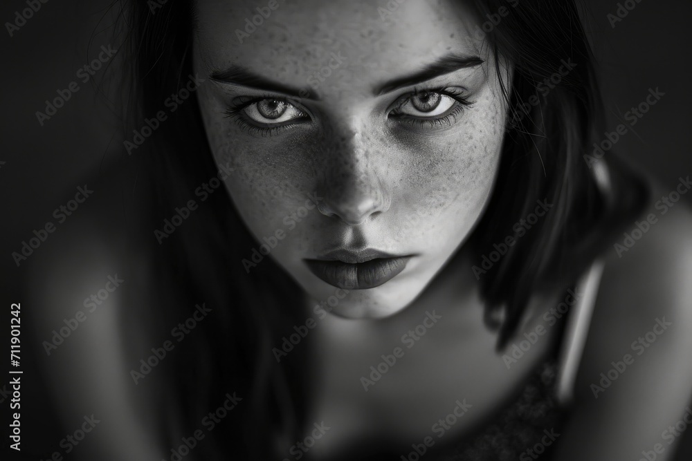 A striking portrait of a woman, her delicate features highlighted by the closeup shot, showcasing the beauty of human expression through the intricate details of her face A striking portrait of a woman, her delicate features highlighted by the closeup shot, showcasing the beauty of human expression through the intricate details of her face