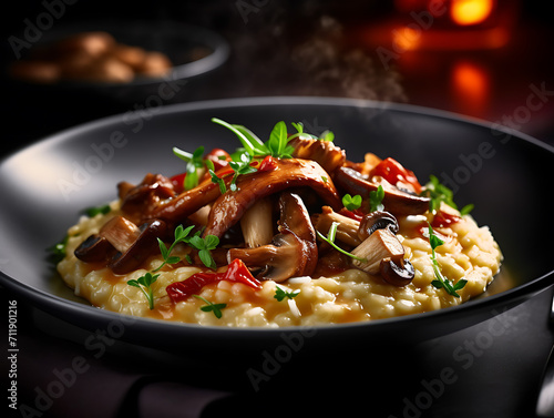 Mushroom risotto on deep ceramic bowl