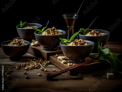 Peanut Tofu Bowls on wooden background. photo