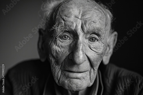 A weathered face tells a story, as the lines and creases on the forehead and jaw of this senior citizen capture a lifetime of experience, all in the monochromatic portrait of an aging human