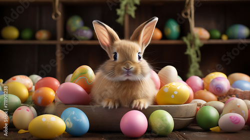 an Easter bunny with a bow tie and a basket full of painted eggs, creating a cute and realistic wallpaper that brings a touch of whimsy to the holiday, captured in high definition © Love Mohammad