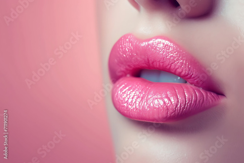Beautiful woman, close up on the lips with pink lipstick, fashion photography, cosmetics photo