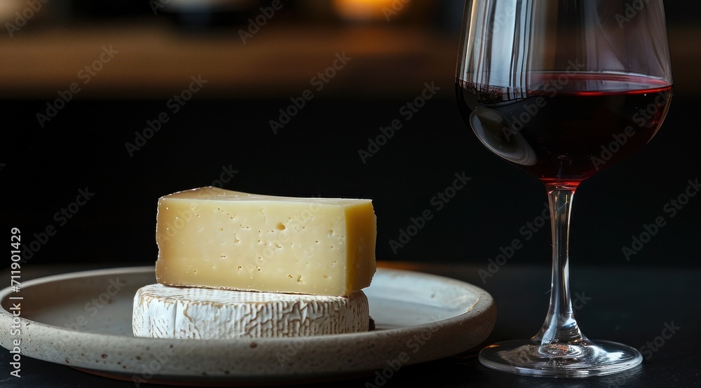 Une assiette de fromage avec un verre de vin rouge Une assiette de fromage avec un verre de vin rouge