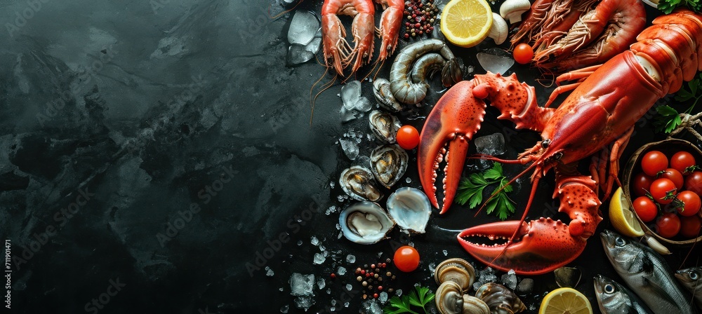 Assortiment de fruits de mer sur un fond noir en ardoise, image avec espace pour texte - obrazy, fototapety, plakaty 