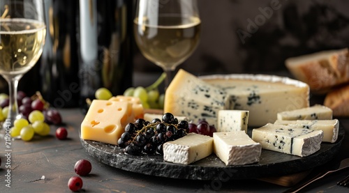 Une assiette de fromage et fruits rouges avec des verres de vin